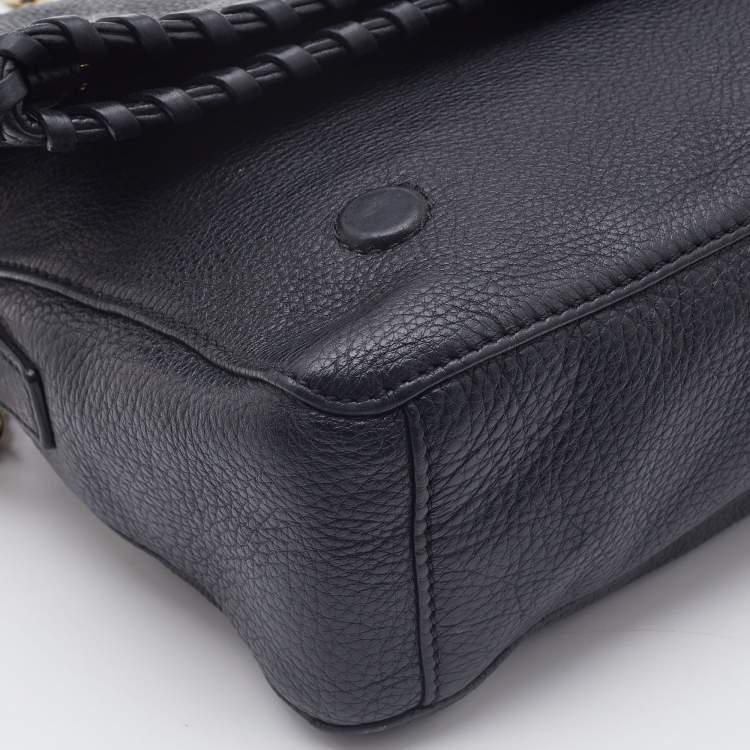 Pre Owned Tory Burch Black Gained Leather Whipstitch Fold Over Crossbody Bag