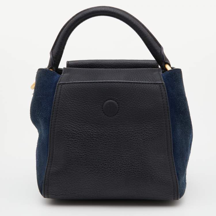 Pre Owned Tory Burch Black/Blue Leather and Suede Balloon Stripe Half Moon Crossbody Bag                               