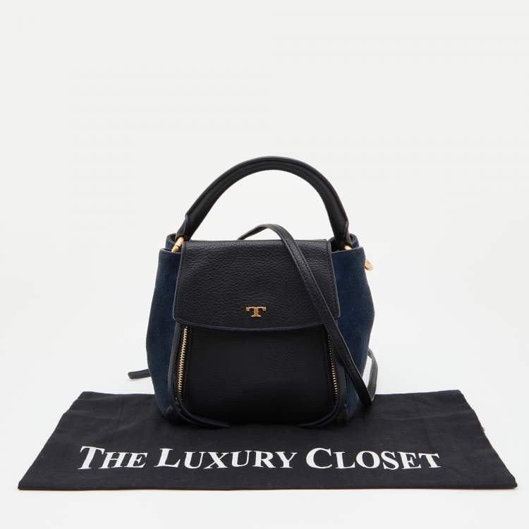 Pre Owned Tory Burch Black/Blue Leather and Suede Balloon Stripe Half Moon Crossbody Bag                               