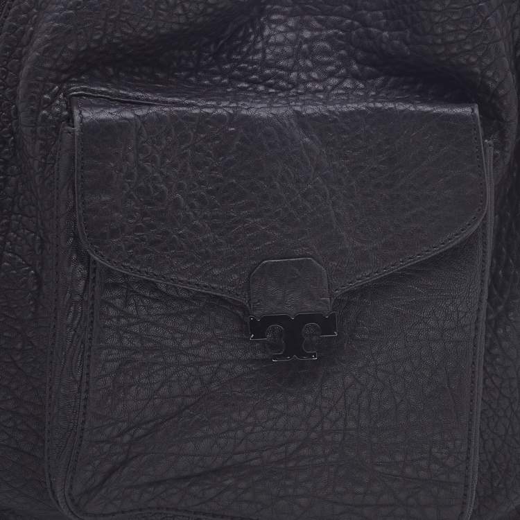 Pre Owned Tory Burch Black Pebbled Leather Front Pocket Hobo