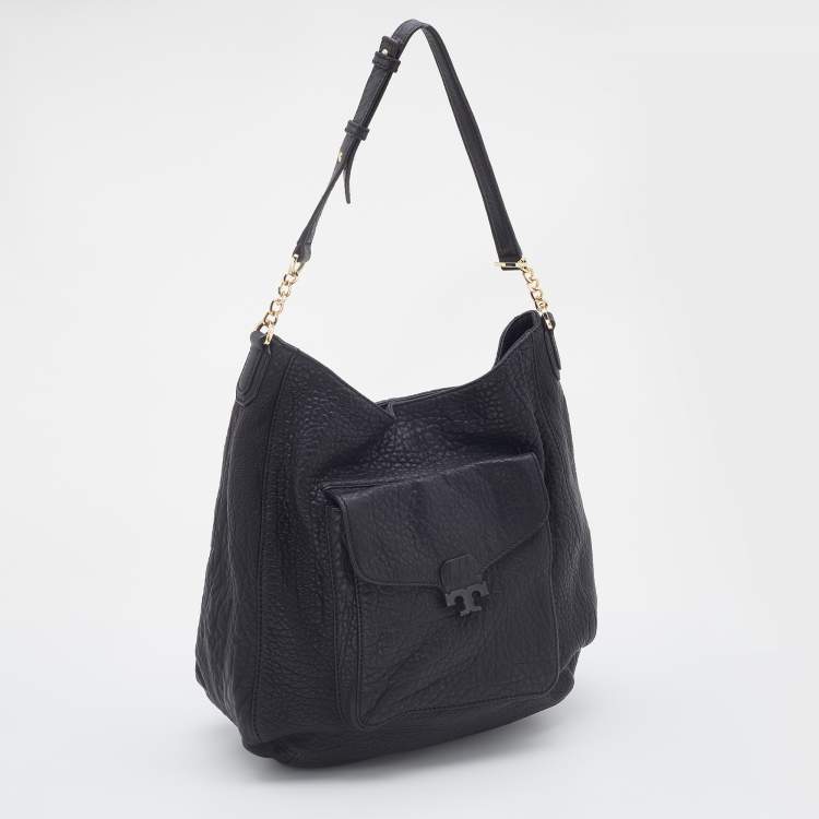 Pre Owned Tory Burch Black Pebbled Leather Front Pocket Hobo