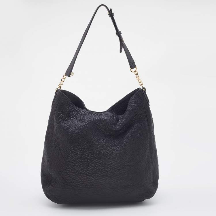 Pre Owned Tory Burch Black Pebbled Leather Front Pocket Hobo