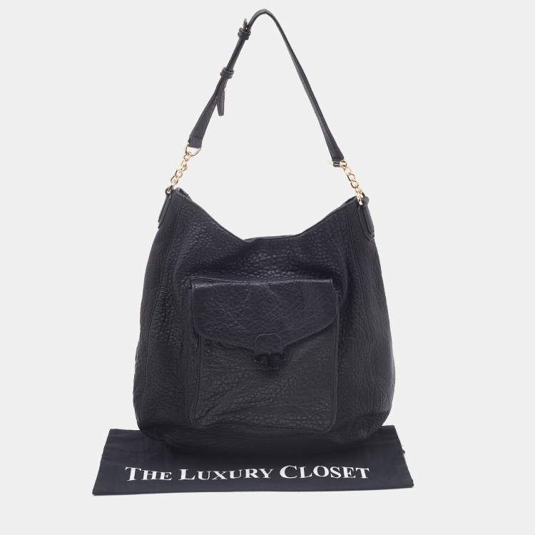 Pre Owned Tory Burch Black Pebbled Leather Front Pocket Hobo