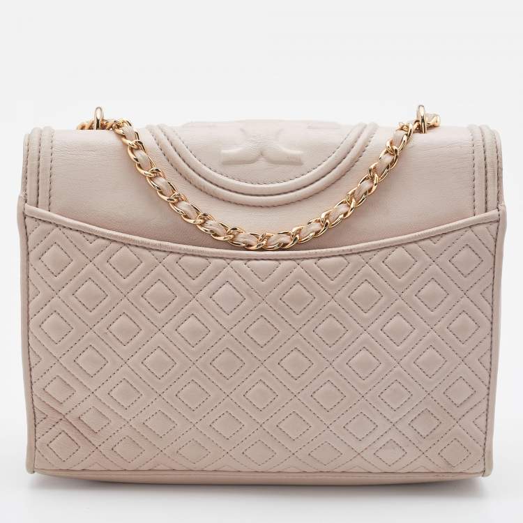 Pre Owned Tory Burch Beige Leather Large Fleming Shoulder Bag