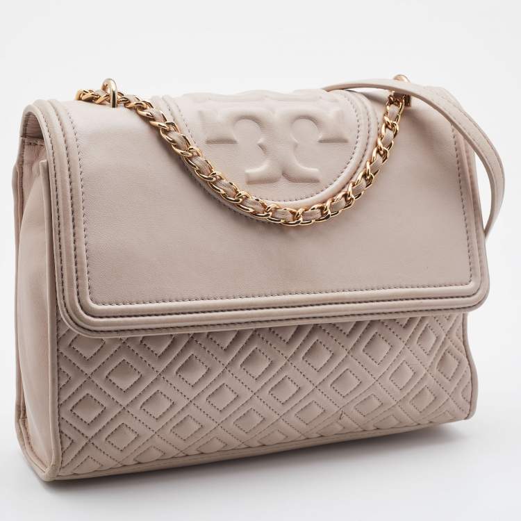 Pre Owned Tory Burch Beige Leather Large Fleming Shoulder Bag