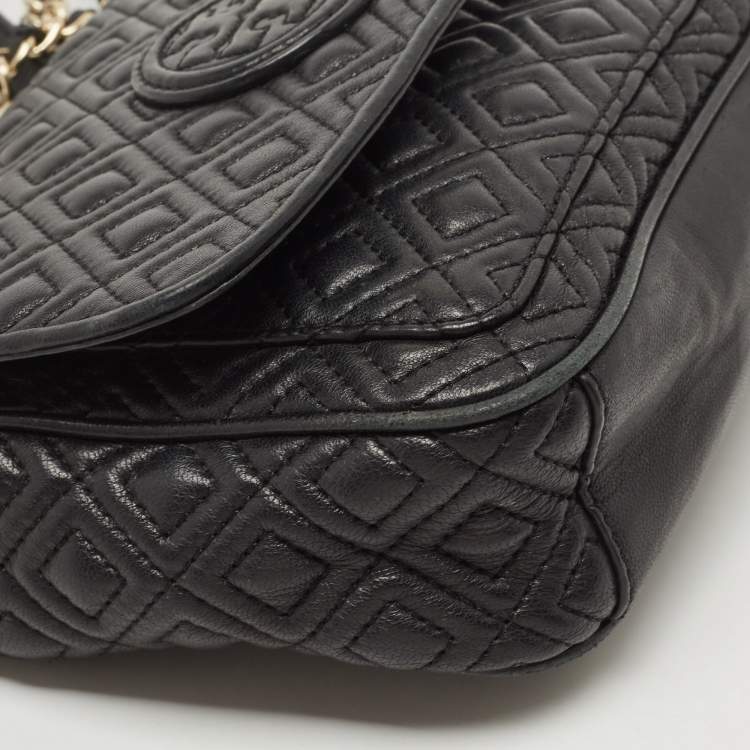 Pre Owned Tory Burch Black Quilted Leather Marion Crossbody Bag