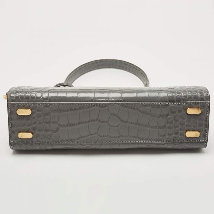 Pre Owned Tory Burch Grey Croc Embossed Leather Lee Radziwill Top Handle Bag