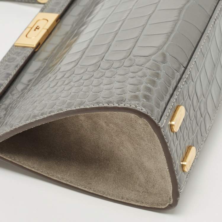 Pre Owned Tory Burch Grey Croc Embossed Leather Lee Radziwill Top Handle Bag