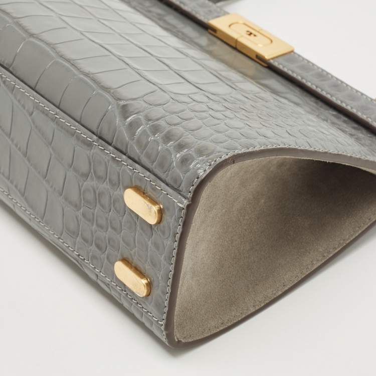 Pre Owned Tory Burch Grey Croc Embossed Leather Lee Radziwill Top Handle Bag
