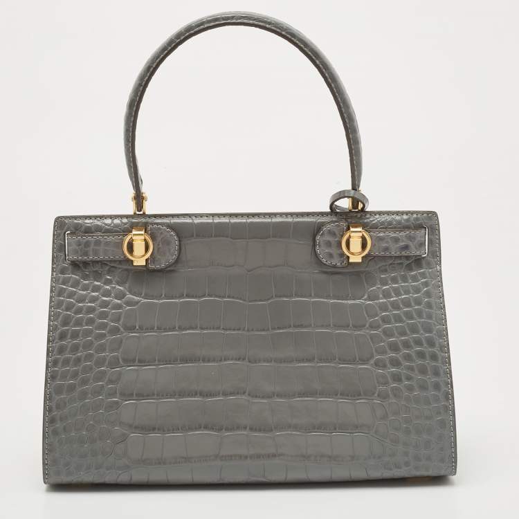 Pre Owned Tory Burch Grey Croc Embossed Leather Lee Radziwill Top Handle Bag
