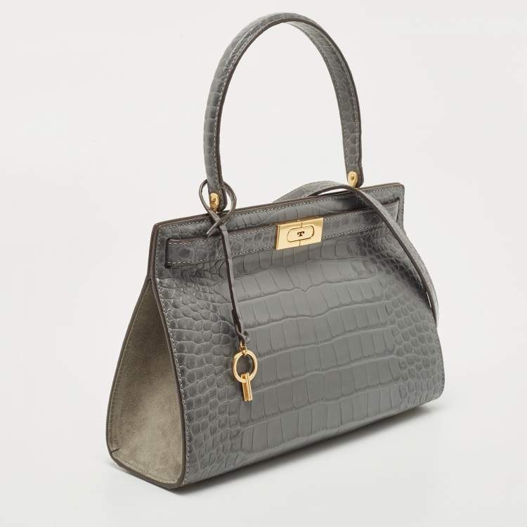 Pre Owned Tory Burch Grey Croc Embossed Leather Lee Radziwill Top Handle Bag