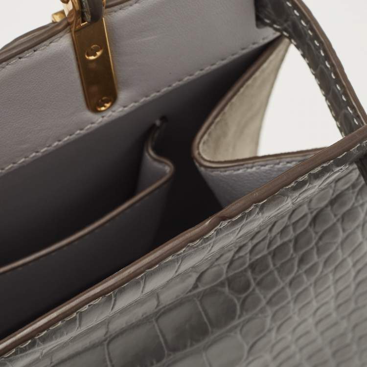 Pre Owned Tory Burch Grey Croc Embossed Leather Lee Radziwill Top Handle Bag