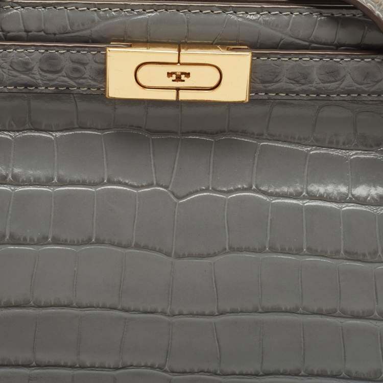 Pre Owned Tory Burch Grey Croc Embossed Leather Lee Radziwill Top Handle Bag