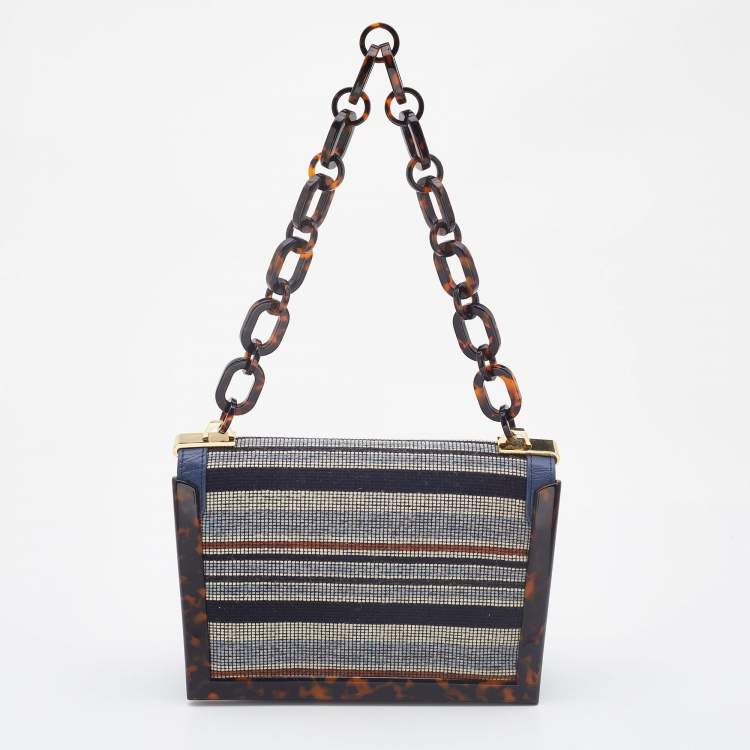 Pre Owned Tory Burch Multicolour Stripe Nylon and Leather Flap Chain Linked Shoulder Bag