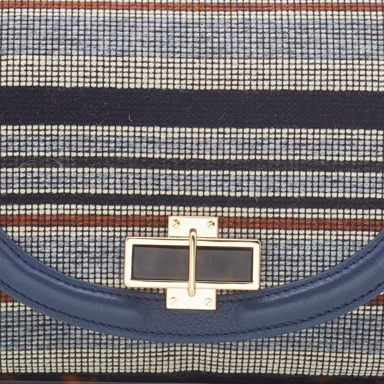 Pre Owned Tory Burch Multicolour Stripe Nylon and Leather Flap Chain Linked Shoulder Bag