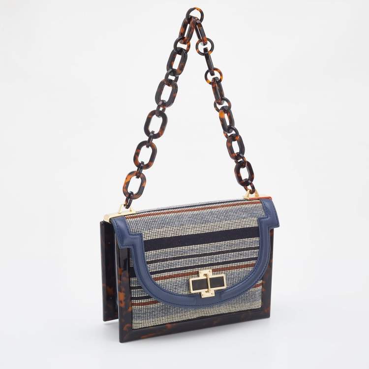 Pre Owned Tory Burch Multicolour Stripe Nylon and Leather Flap Chain Linked Shoulder Bag