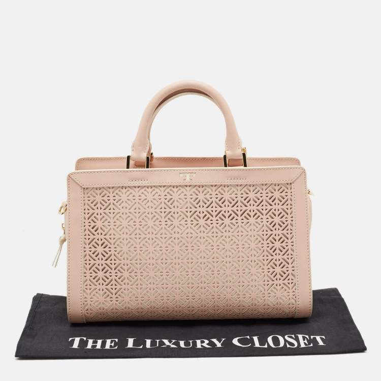 Pre Owned Tory Burch Light Pink Cut-Out Leather Zip Tote 