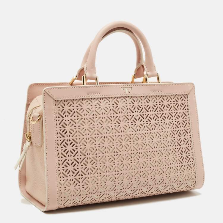 Pre Owned Tory Burch Light Pink Cut-Out Leather Zip Tote 