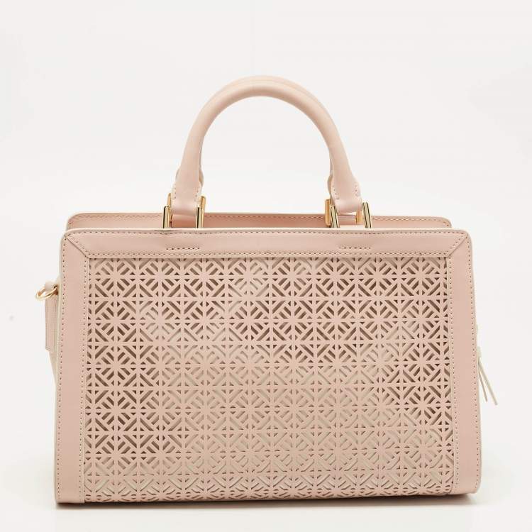Pre Owned Tory Burch Light Pink Cut-Out Leather Zip Tote 