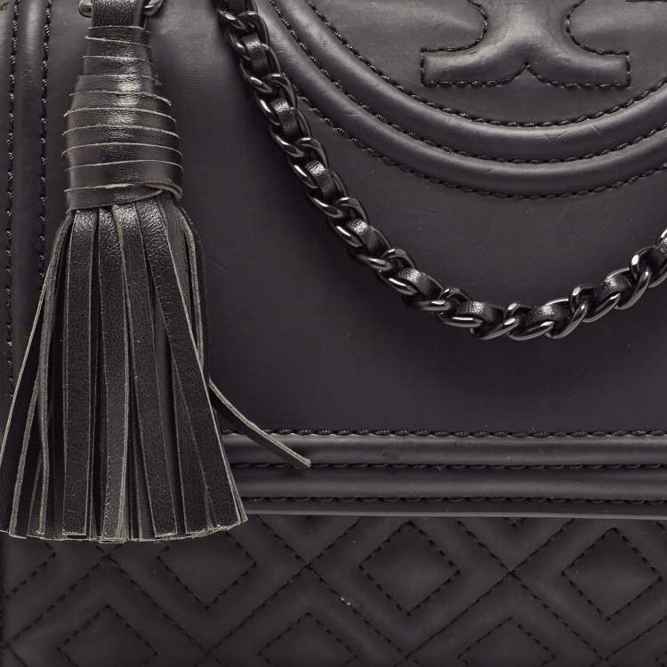 Pre Owned Tory Burch Black Matte Rubber PU Small Fleming Shoulder Bag