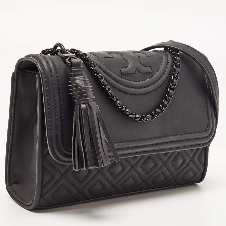Pre Owned Tory Burch Black Matte Rubber PU Small Fleming Shoulder Bag