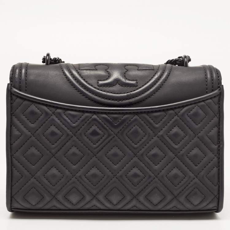 Pre Owned Tory Burch Black Matte Rubber PU Small Fleming Shoulder Bag