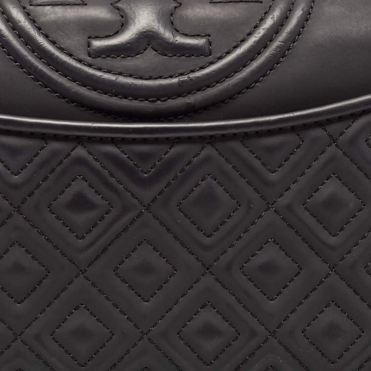 Pre Owned Tory Burch Black Matte Rubber PU Small Fleming Shoulder Bag