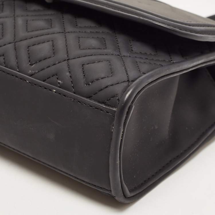 Pre Owned Tory Burch Black Matte Rubber PU Small Fleming Shoulder Bag
