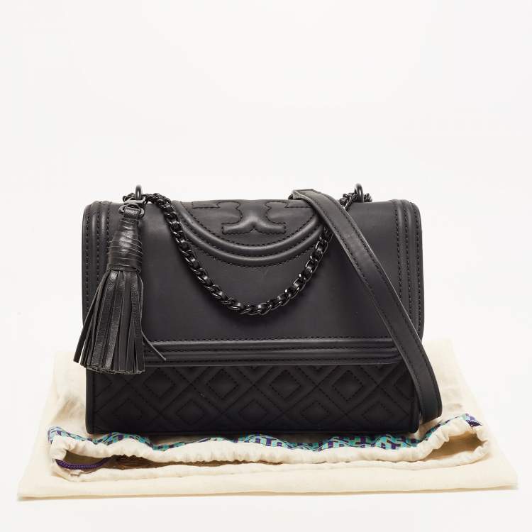 Pre Owned Tory Burch Black Matte Rubber PU Small Fleming Shoulder Bag