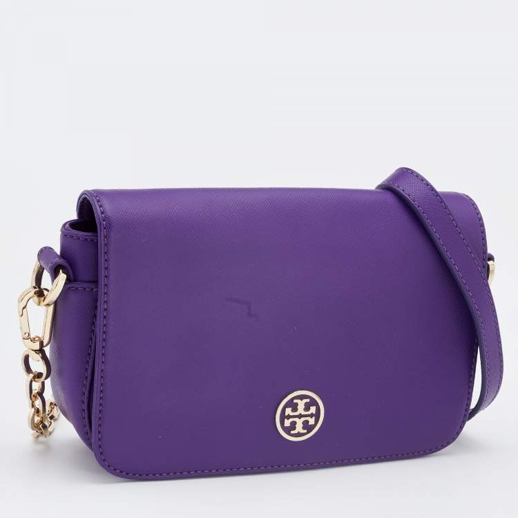 Pre Owned Tory Burch Purple Leather Mini Robinson Chain Shoulder Bag