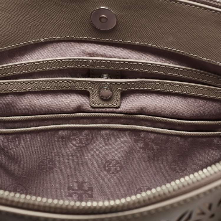 Pre Owned Tory Burch Grey Floral Laser Cut Leather Double Zip Robinson Tote 