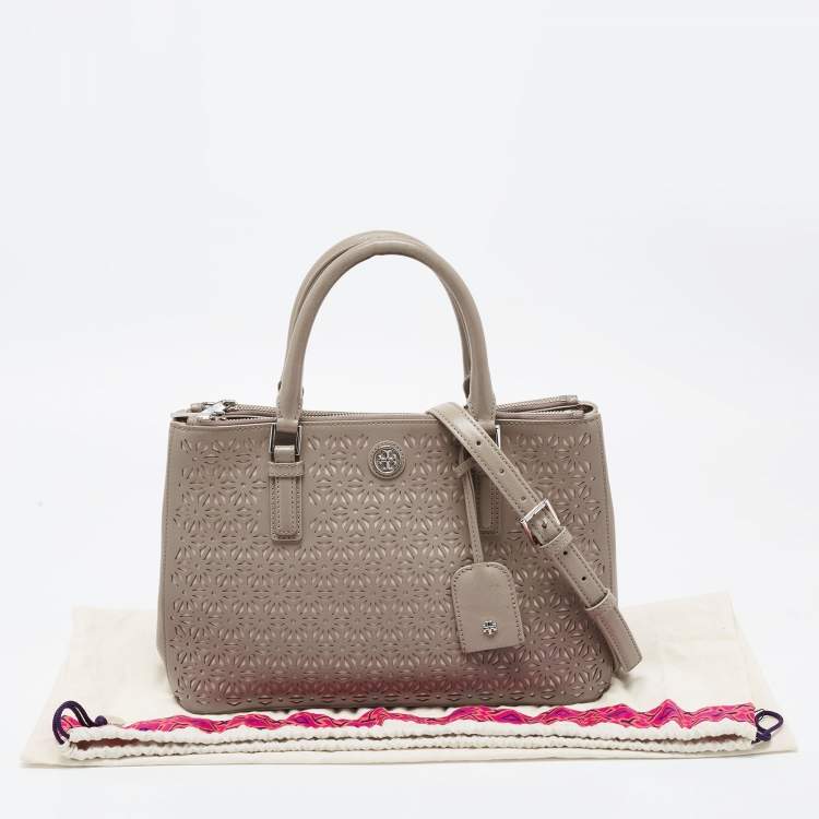 Pre Owned Tory Burch Grey Floral Laser Cut Leather Double Zip Robinson Tote 