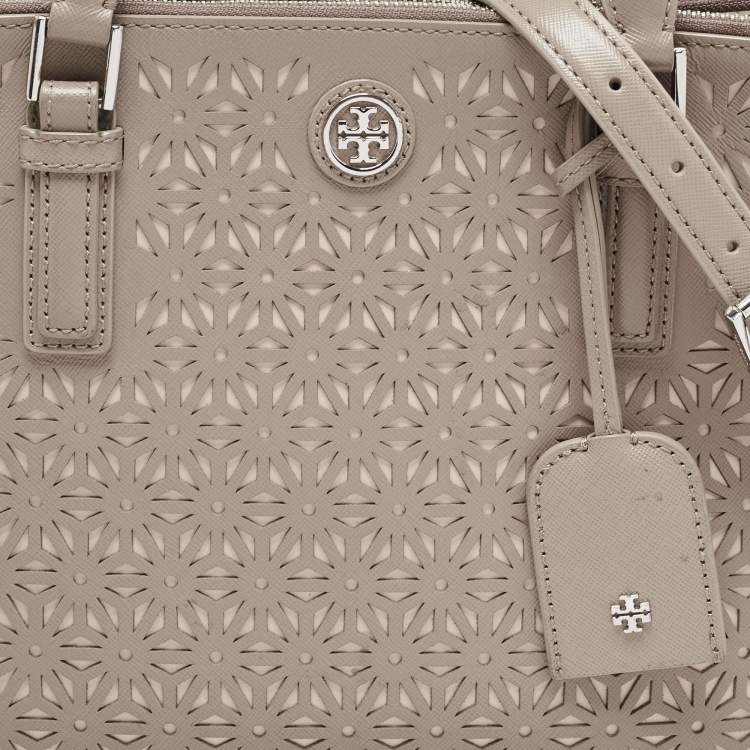 Pre Owned Tory Burch Grey Floral Laser Cut Leather Double Zip Robinson Tote 