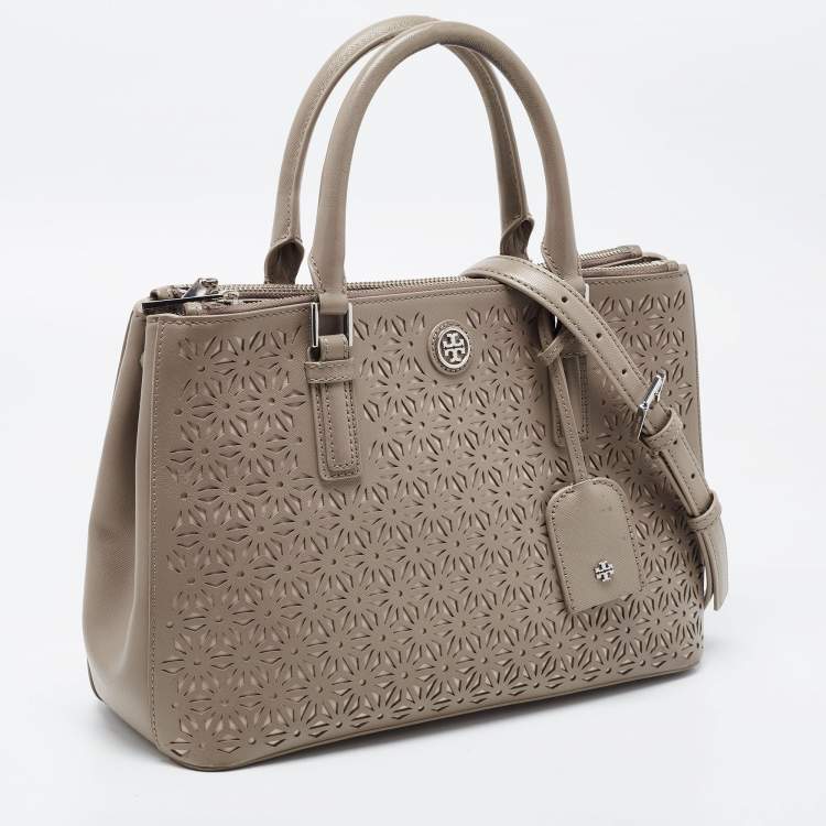 Pre Owned Tory Burch Grey Floral Laser Cut Leather Double Zip Robinson Tote 