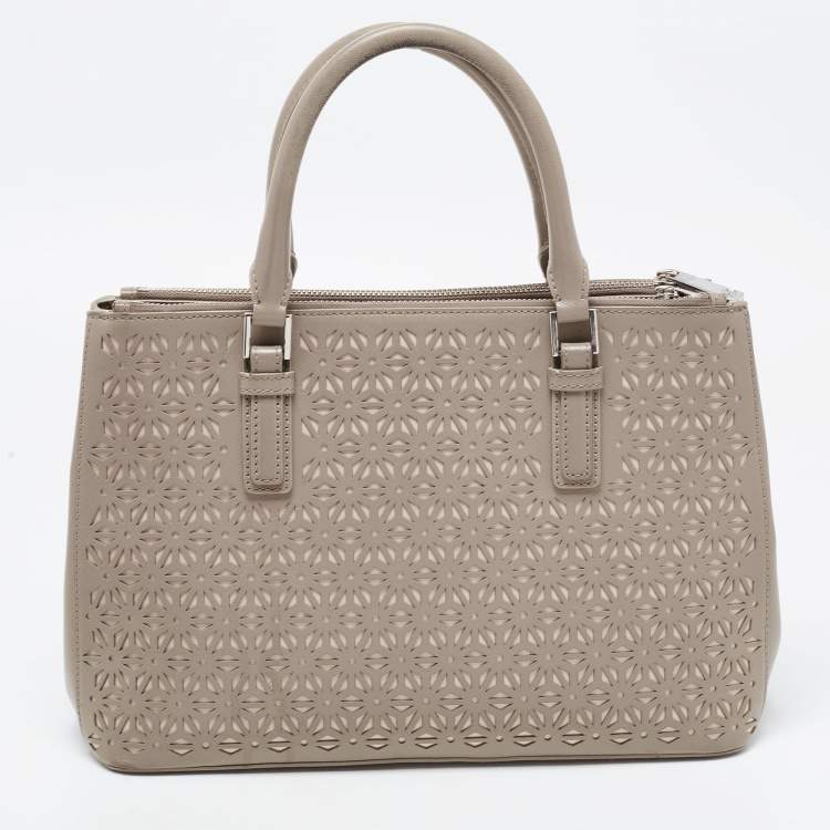 Pre Owned Tory Burch Grey Floral Laser Cut Leather Double Zip Robinson Tote 