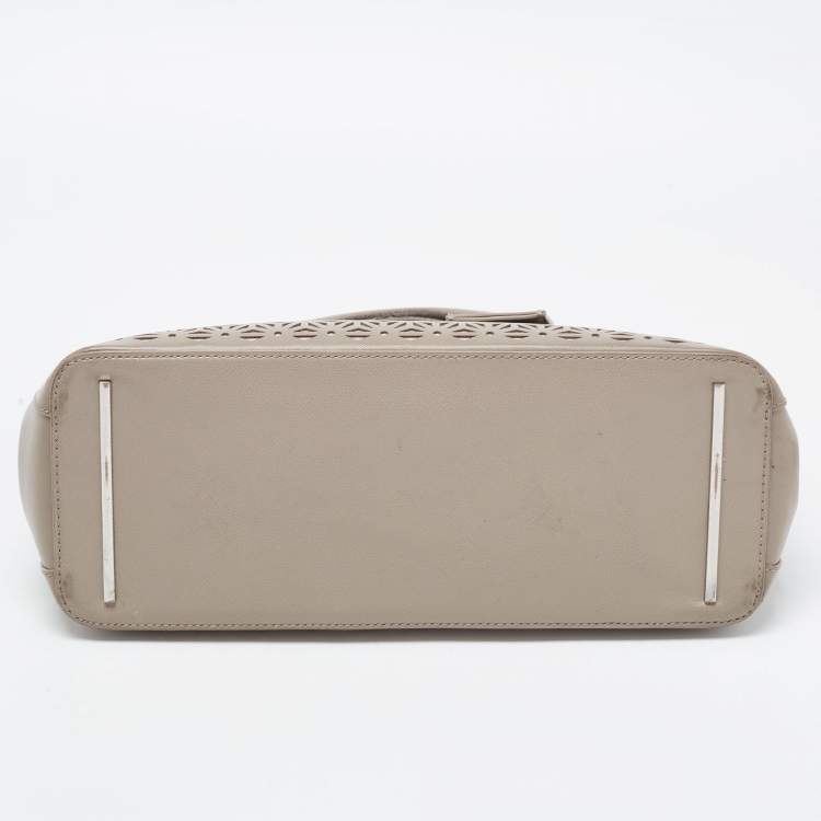 Pre Owned Tory Burch Grey Floral Laser Cut Leather Double Zip Robinson Tote 