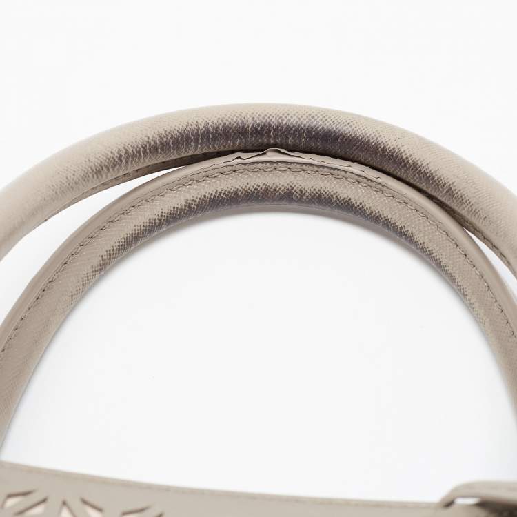 Pre Owned Tory Burch Grey Floral Laser Cut Leather Double Zip Robinson Tote 