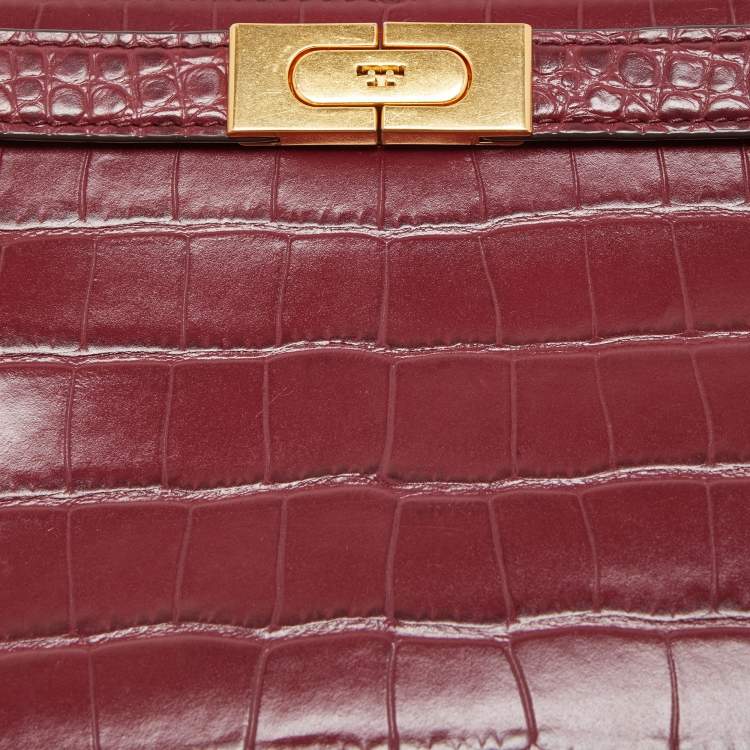 Pre Owned Tory Burch Burgundy Croc Embossed Leather Lee Radziwill Chain Shoulder Bag 