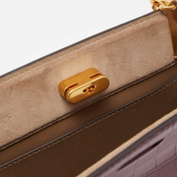 Pre Owned Tory Burch Burgundy Croc Embossed Leather Lee Radziwill Chain Shoulder Bag 