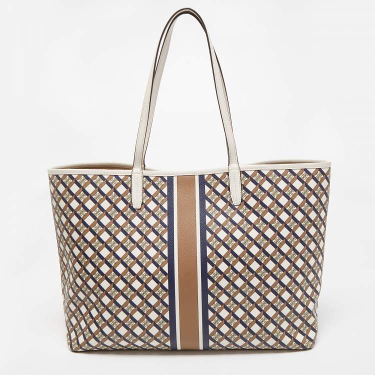Pre Owned Tory Burch White/Multicolor Coated Canvas and Leather Geo Shopper Tote