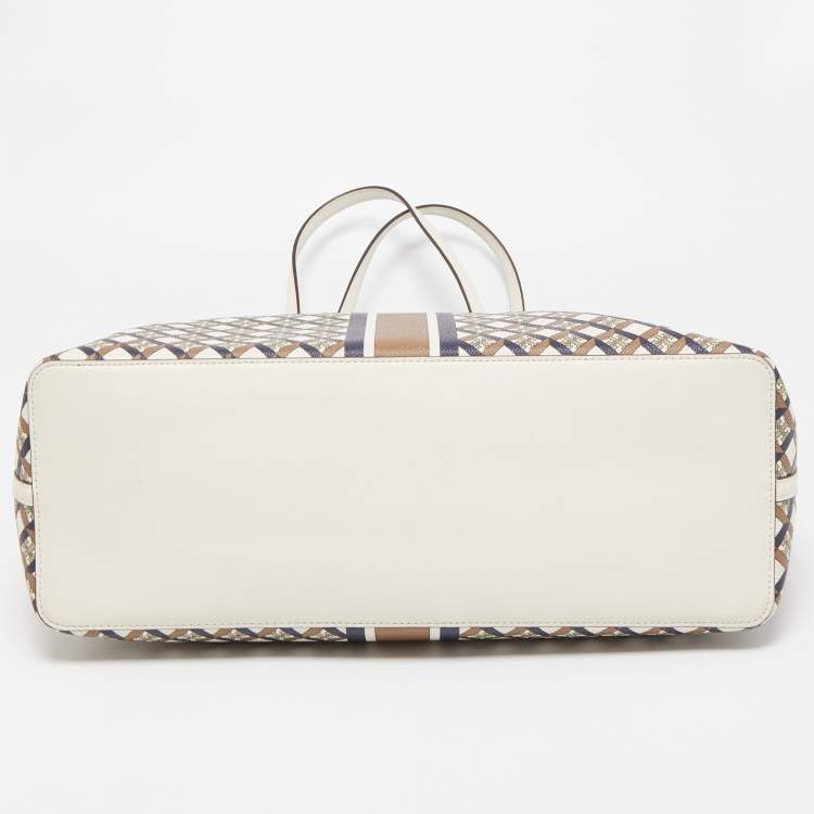 Pre Owned Tory Burch White/Multicolor Coated Canvas and Leather Geo Shopper Tote