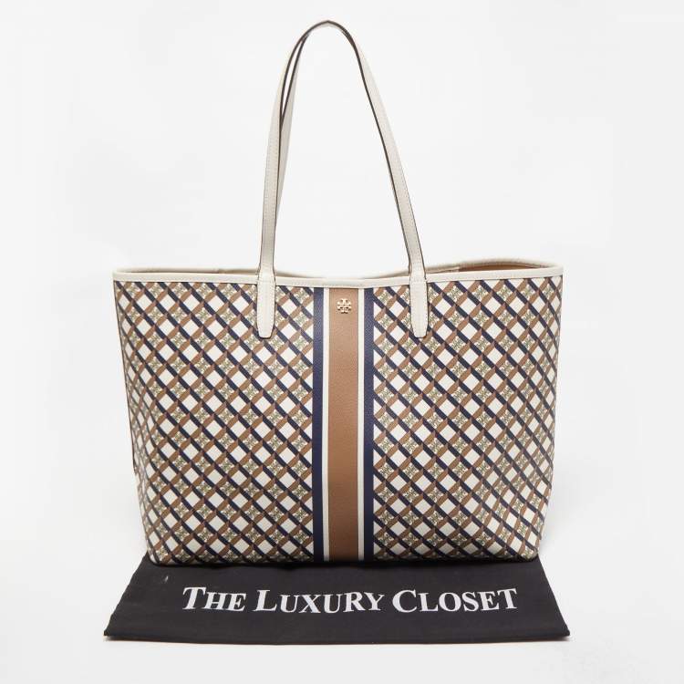 Pre Owned Tory Burch White/Multicolor Coated Canvas and Leather Geo Shopper Tote