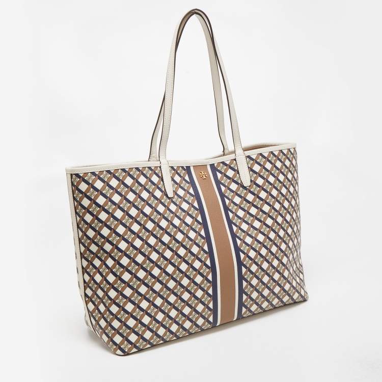 Pre Owned Tory Burch White/Multicolor Coated Canvas and Leather Geo Shopper Tote