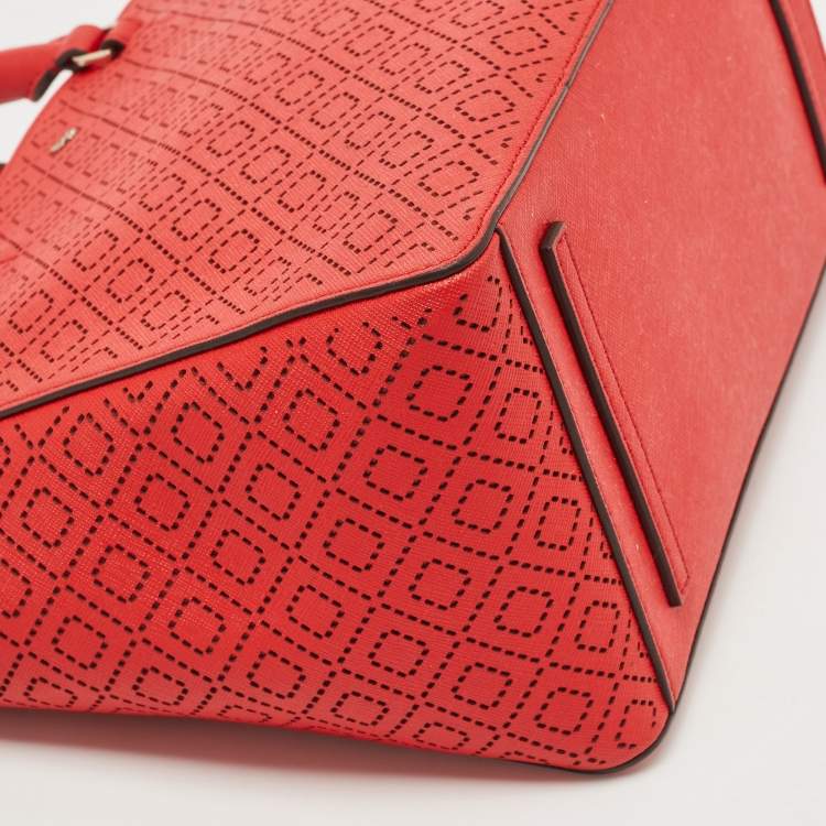 Pre Owned Tory Burch Red Perforated Leather Robinson Double Zip Tote