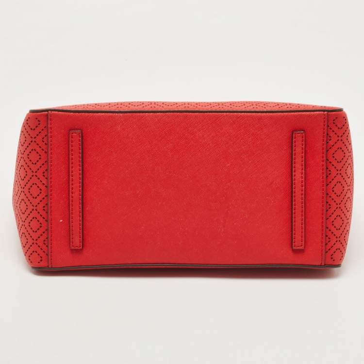 Pre Owned Tory Burch Red Perforated Leather Robinson Double Zip Tote