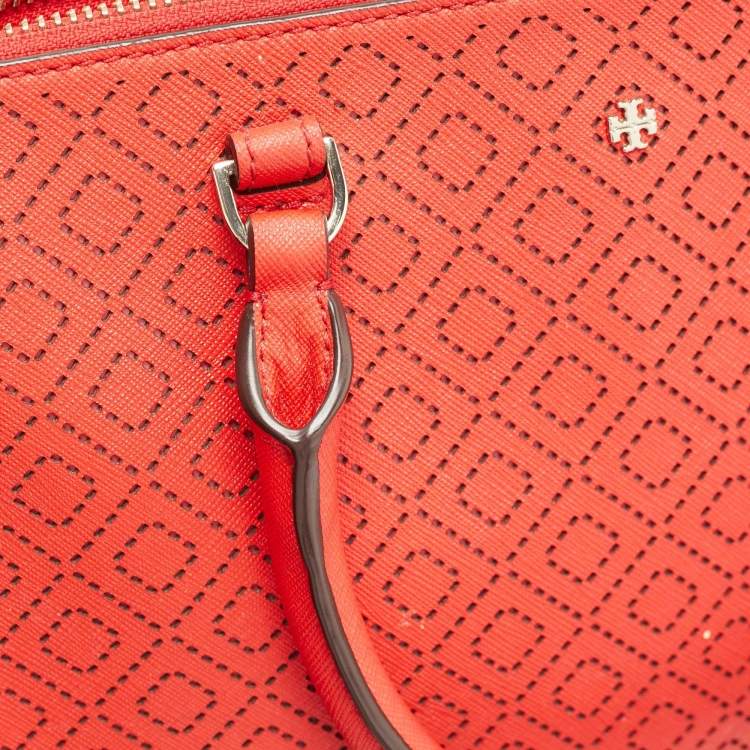 Pre Owned Tory Burch Red Perforated Leather Robinson Double Zip Tote