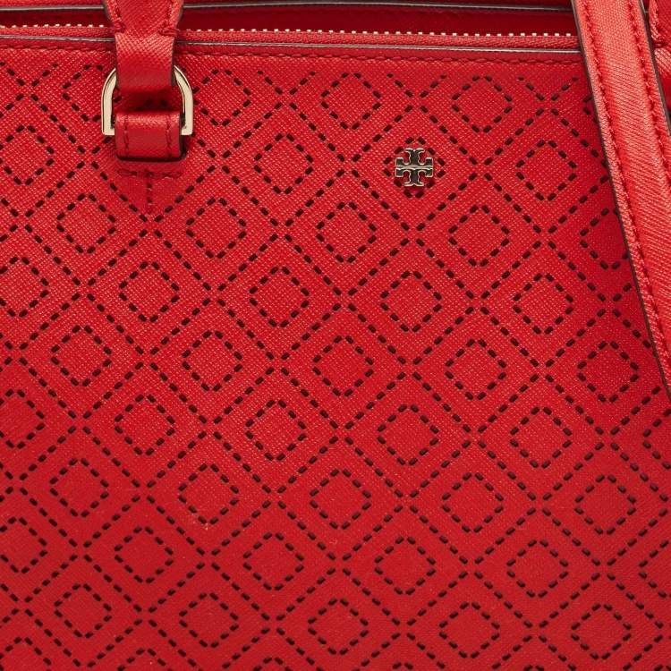 Pre Owned Tory Burch Red Perforated Leather Robinson Double Zip Tote