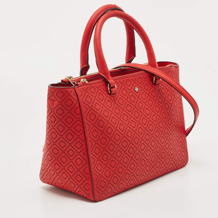Pre Owned Tory Burch Red Perforated Leather Robinson Double Zip Tote