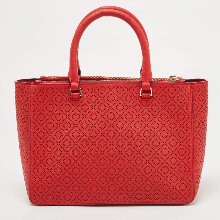 Pre Owned Tory Burch Red Perforated Leather Robinson Double Zip Tote
