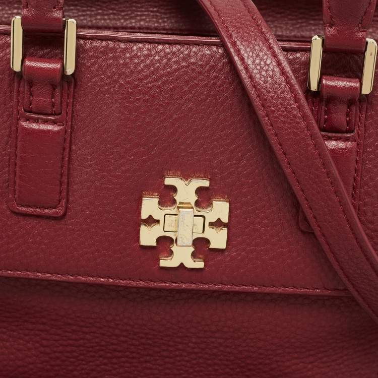 Pre Owned Tory Burch Burgundy Grained Leather Turnlock Flap Tote
